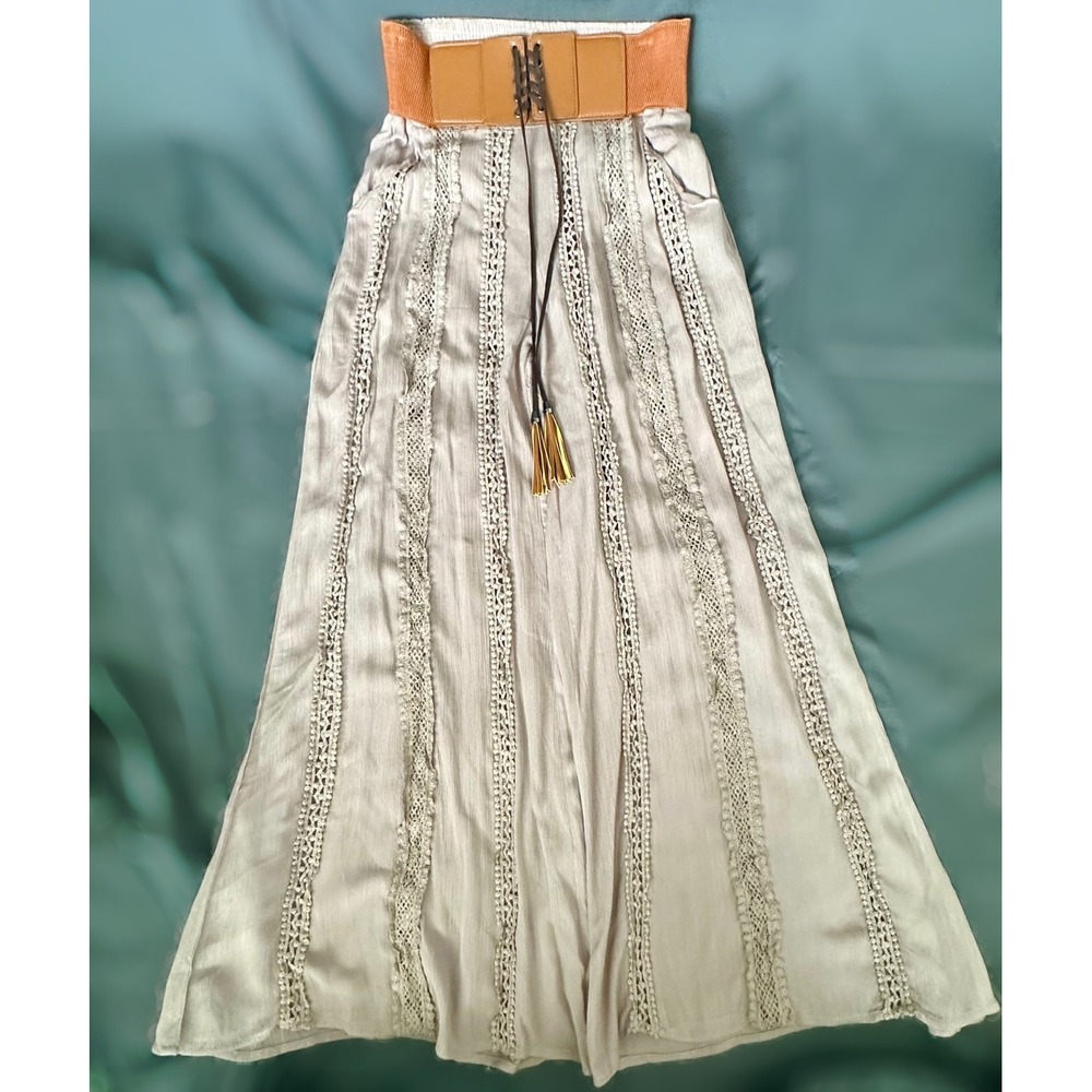 Onetheland Taupe Wide Leg Crochet Lace Palazzo Pants Tassel Belt Boho Small